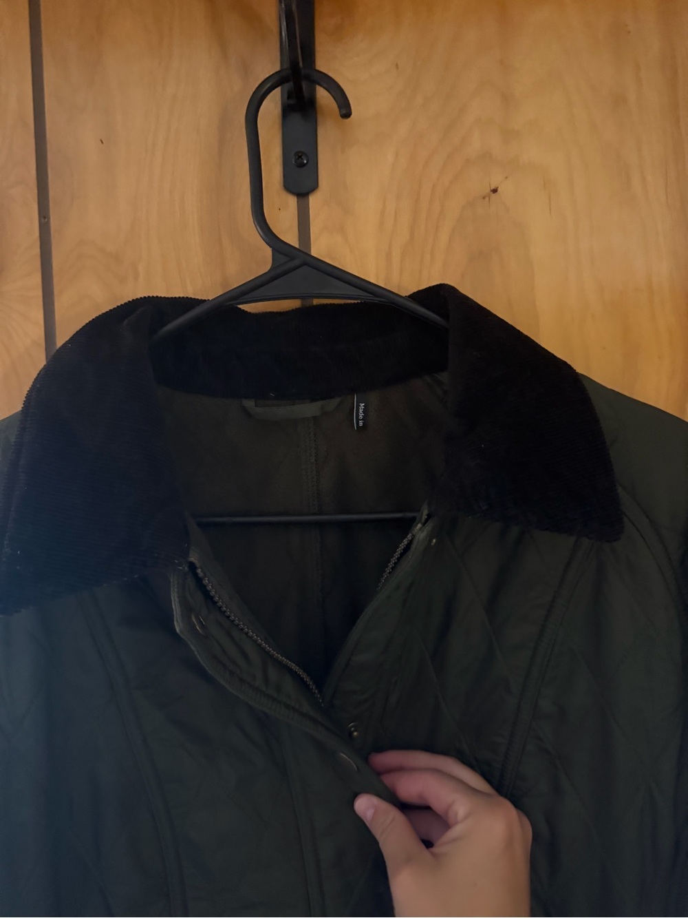 Barbour Quilted Olive Green Jacket with Black Corduroy Collar